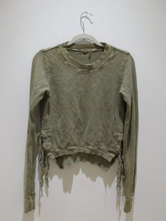 FREE PEOPLE FP ONE Cropped Interlaken Thermal Top Moss Green Small Boho Casual - Picture 2 of 15